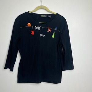 Vintage Halloween Bat Spider Pumpkin Ghost Embroidered Black 3/4 Sleeve Top L